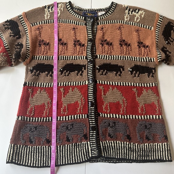 VTG 90s Knit Safari Chunky Cardigan Animals Artsy‎ Ramie Cotton Tunic Length L - Picture 9 of 10
